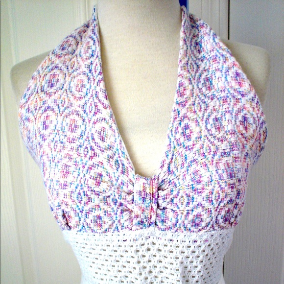 Vintage WHITE Crochet Halter Sun Dress Hanky Hem - Picture 2 of 16